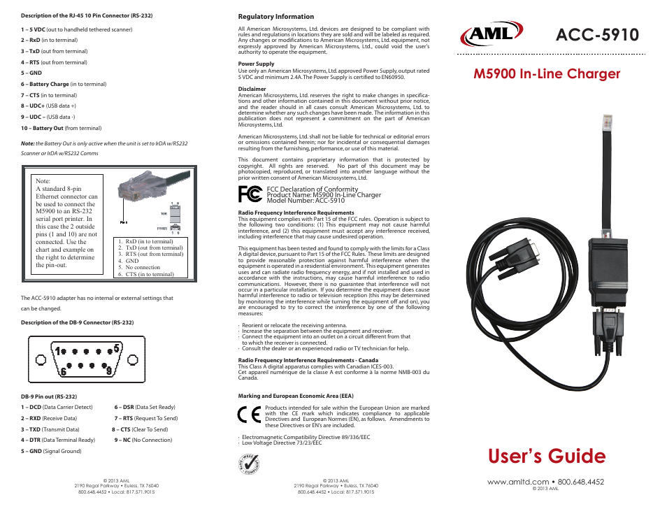 AML ACC-5910 M5900 In-Line Charger User Manual | 2 pages