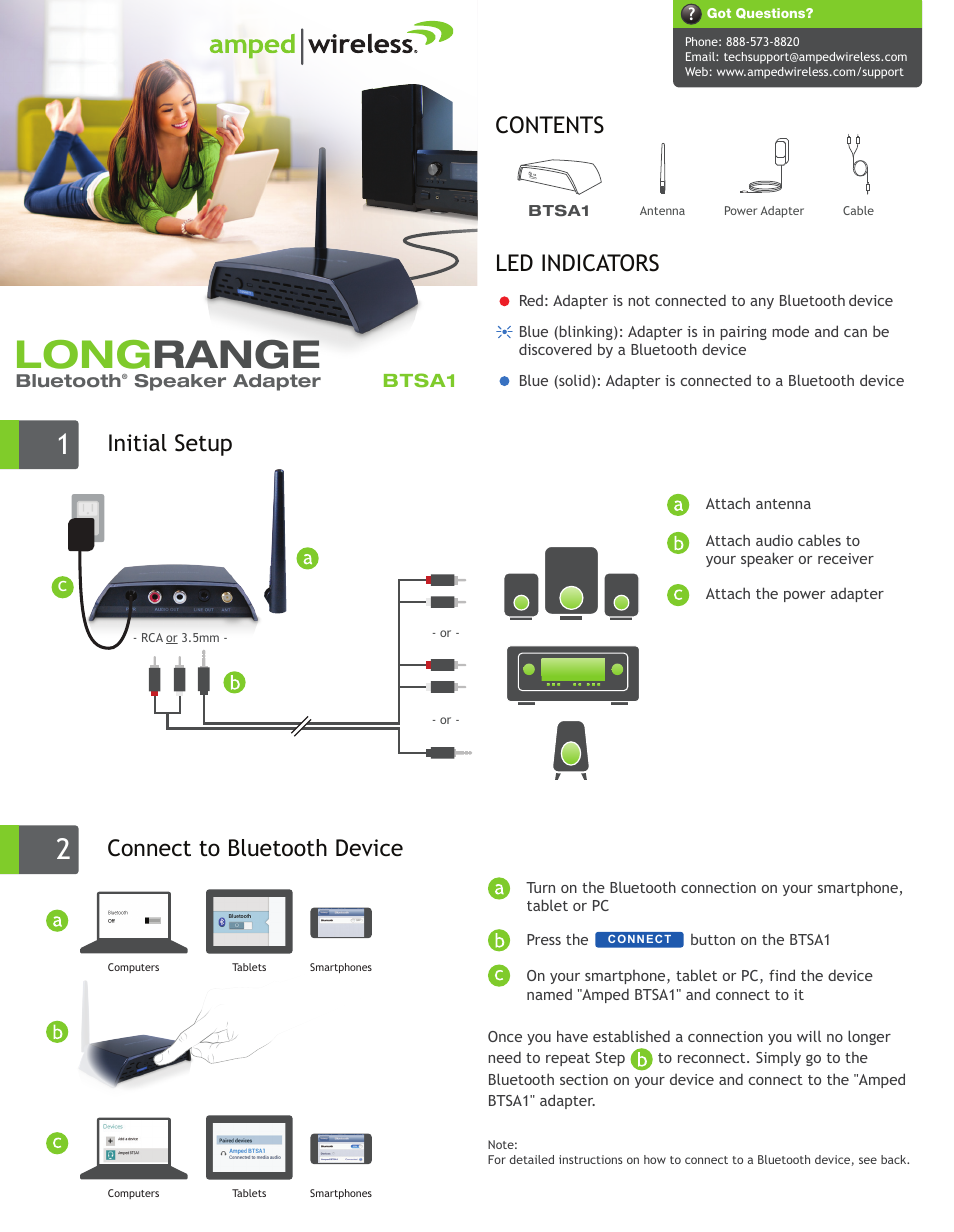 Amped Wireless BTSA1 - Long Range Bluetooth Speaker Adapter User Manual | 2 pages
