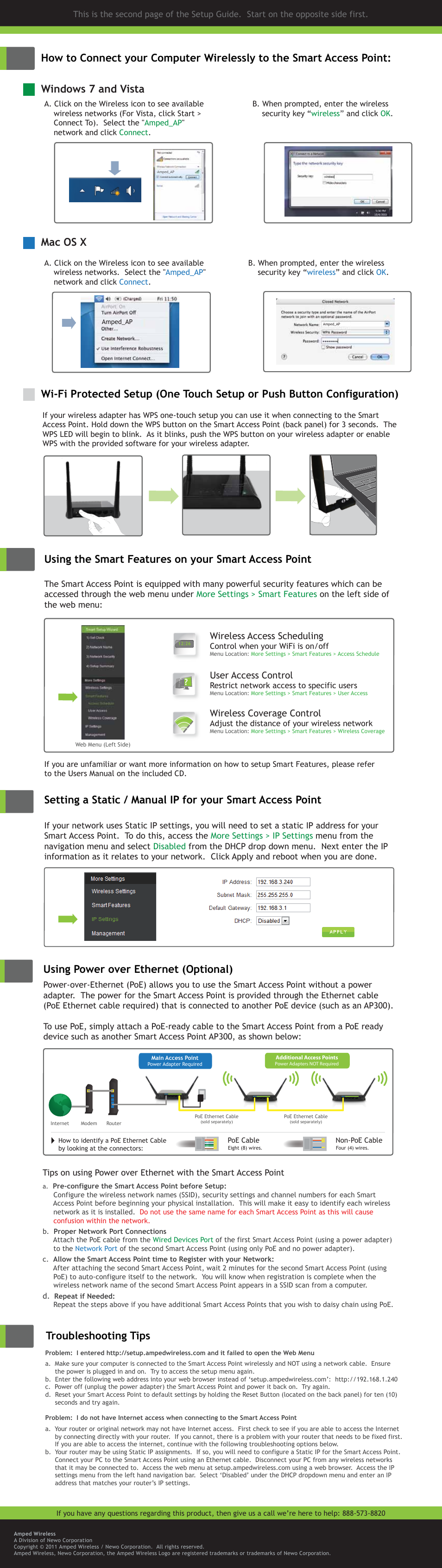 Windows 7 and vista mac os x troubleshooting tips, Using power over ethernet (optional), Wireless access scheduling | User access control, Wireless coverage control | Amped Wireless AP300 - High Power Wireless-300N Smart Access Point User Manual | Page 2 / 2