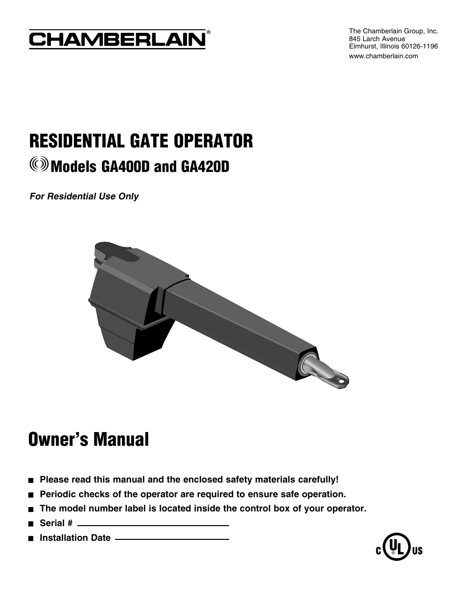 Chamberlain RESIDENTIAL GATE OPERATOR GA420D User Manual | 48 pages