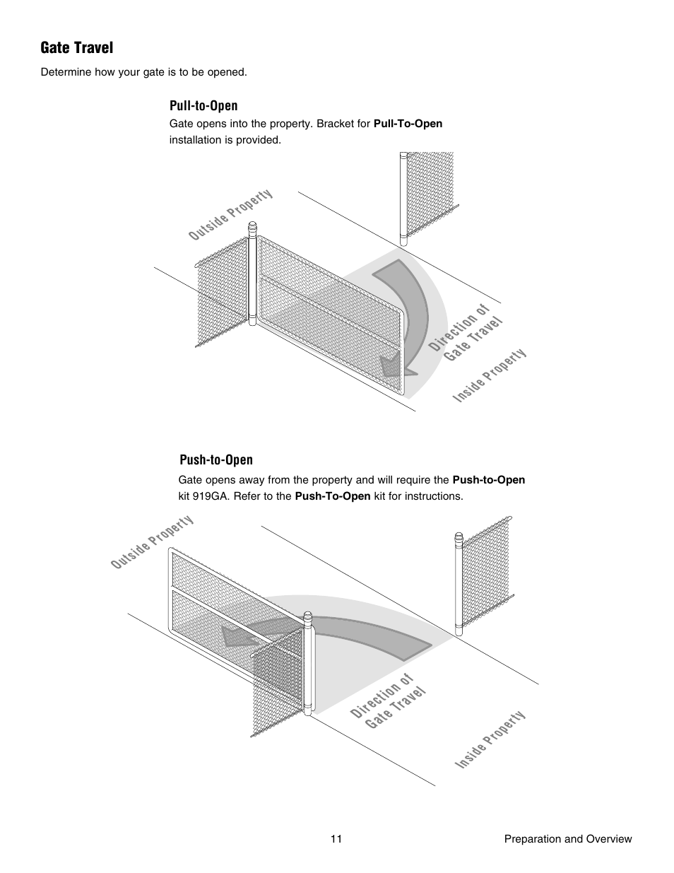 Gate travel | Chamberlain RESIDENTIAL GATE OPERATOR GA420D User Manual | Page 11 / 48