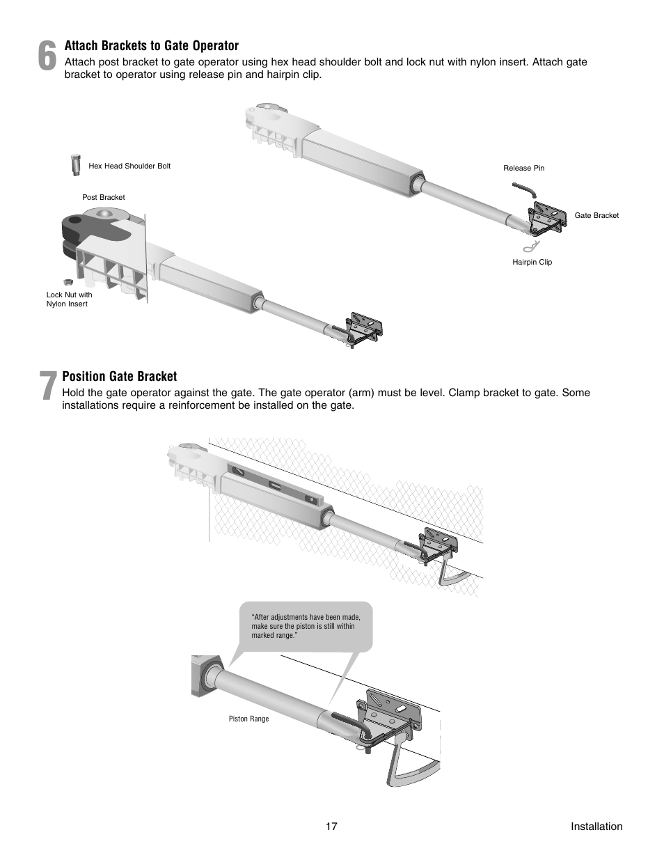 6 attach brackets to gate operator, 7 position gate bracket | Chamberlain RESIDENTIAL GATE OPERATOR GA420D User Manual | Page 17 / 48