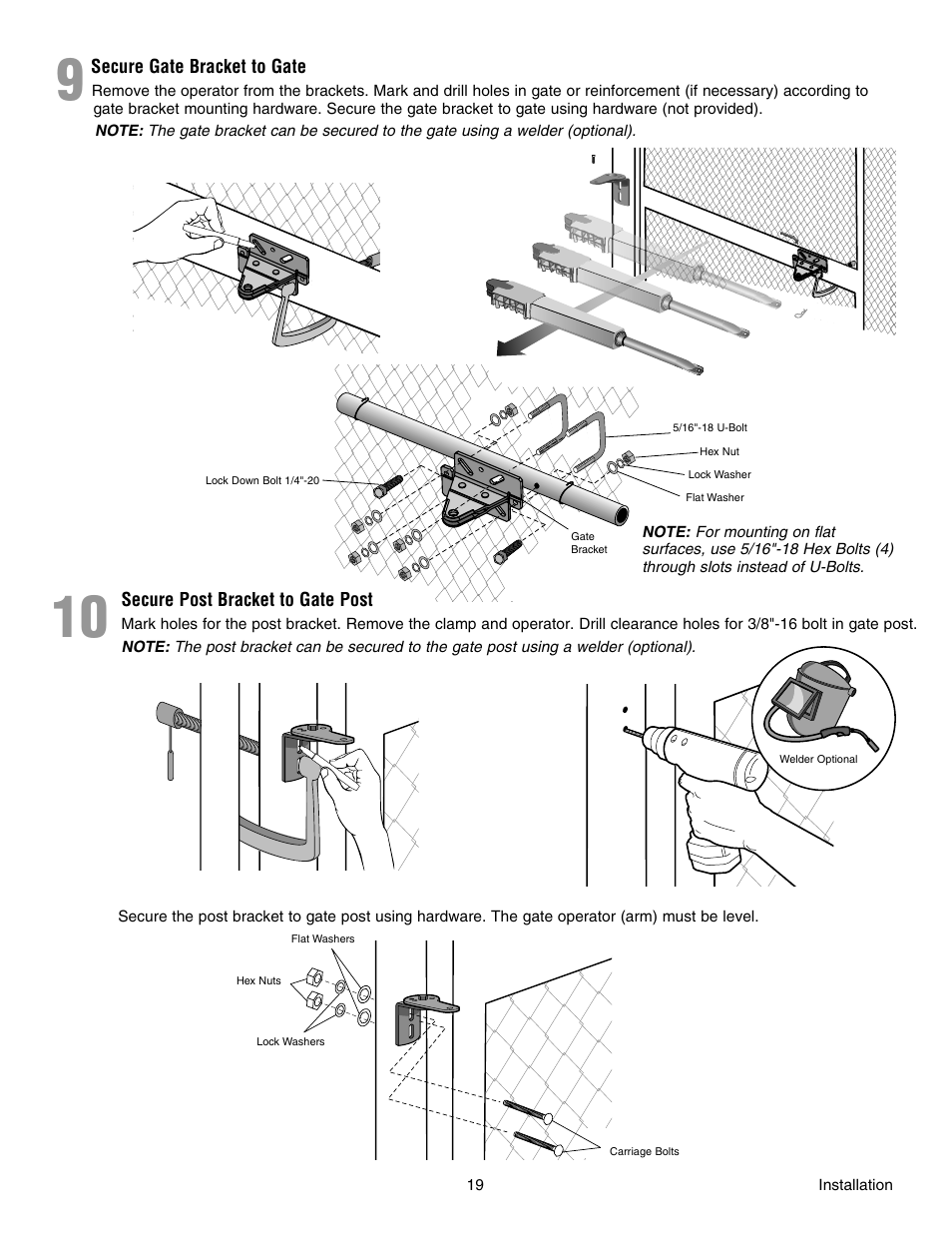 9 secure gate bracket to gate, 10 secure post bracket to gate post | Chamberlain RESIDENTIAL GATE OPERATOR GA420D User Manual | Page 19 / 48