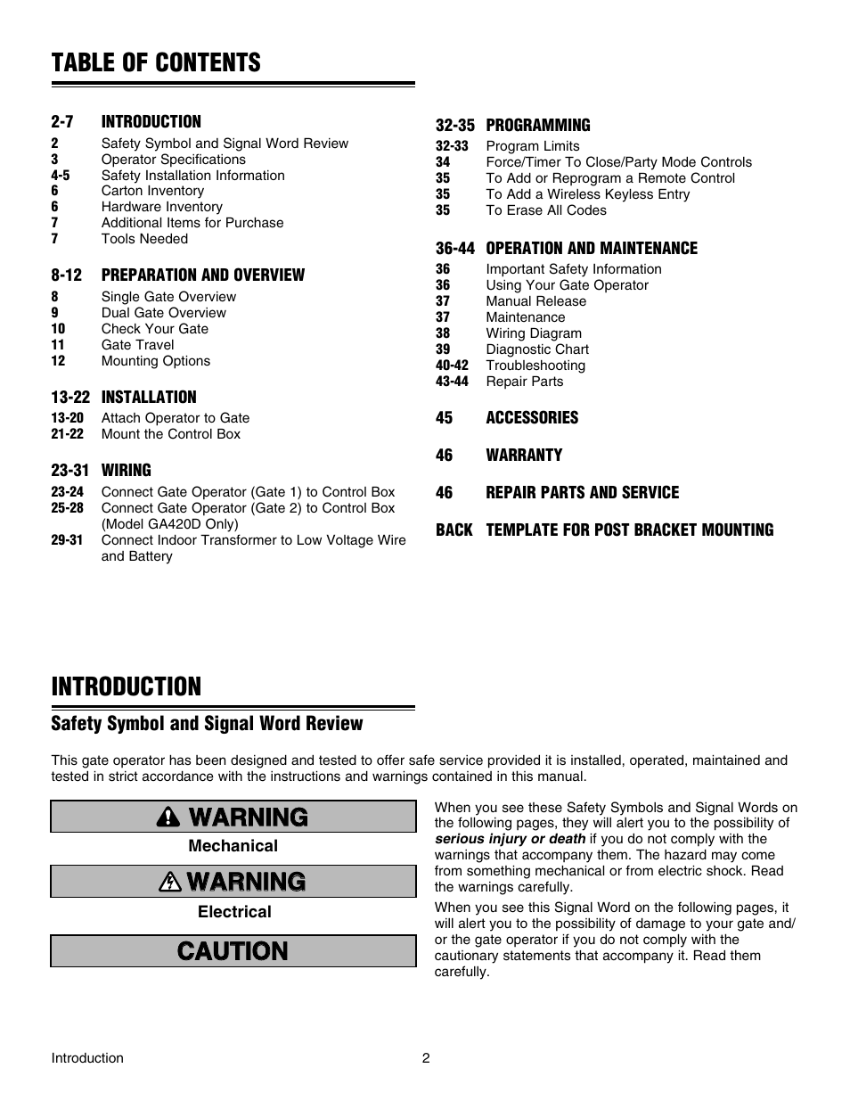 Chamberlain RESIDENTIAL GATE OPERATOR GA420D User Manual | Page 2 / 48