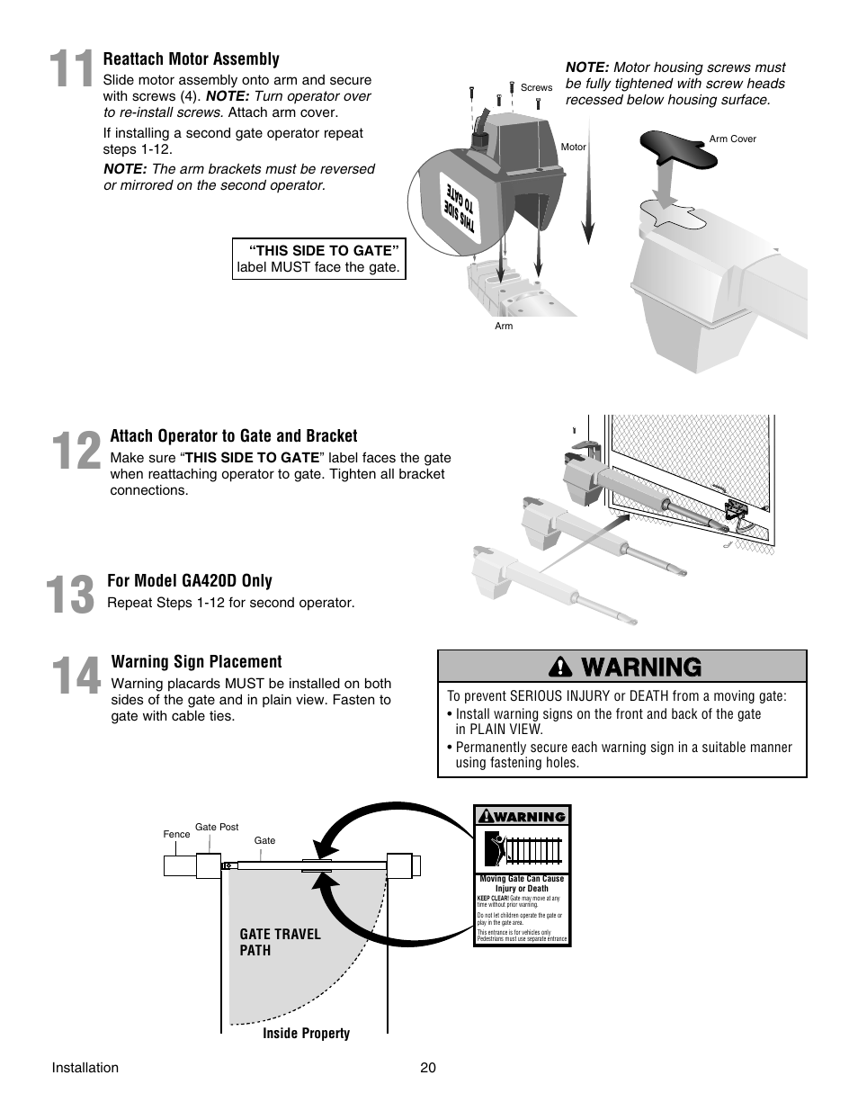 11 reattach motor assembly, 12 attach operator to gate and bracket, 13 for model ga420d only | 14 warning sign placement | Chamberlain RESIDENTIAL GATE OPERATOR GA420D User Manual | Page 20 / 48