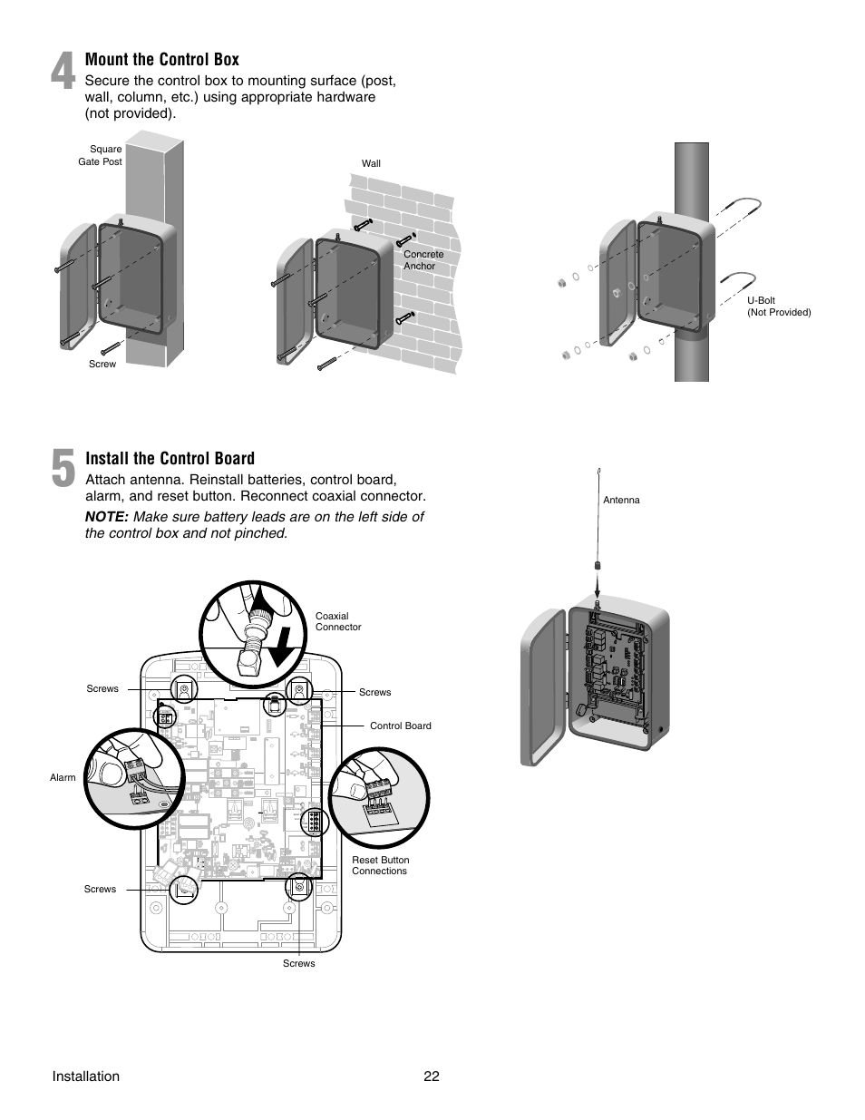 4 mount the control box, 5 install the control board, Mount the control box | Install the control board | Chamberlain RESIDENTIAL GATE OPERATOR GA420D User Manual | Page 22 / 48