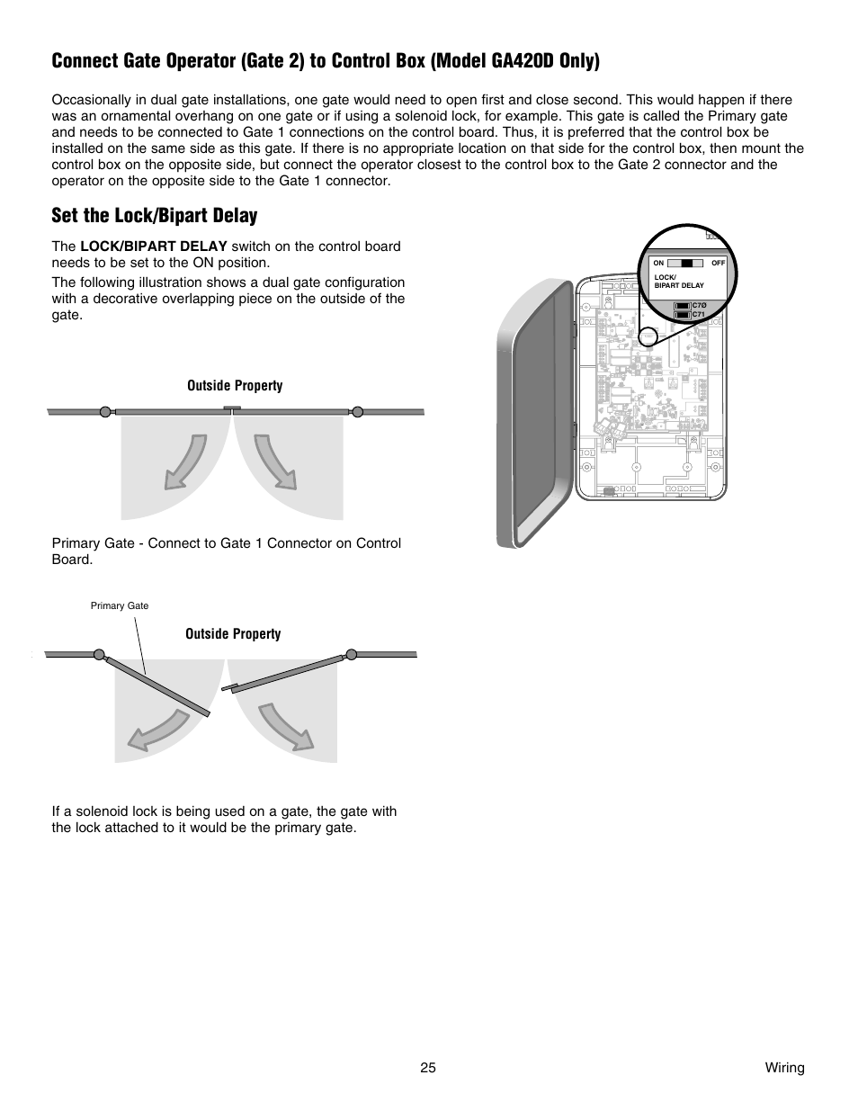 Set the lock/bipart delay | Chamberlain RESIDENTIAL GATE OPERATOR GA420D User Manual | Page 25 / 48