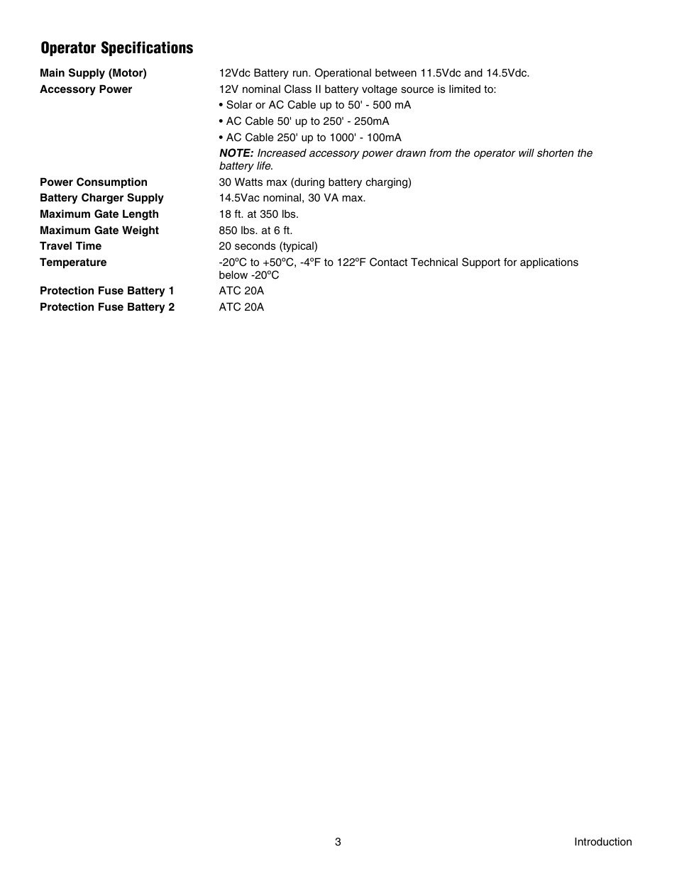 Operator specifications | Chamberlain RESIDENTIAL GATE OPERATOR GA420D User Manual | Page 3 / 48