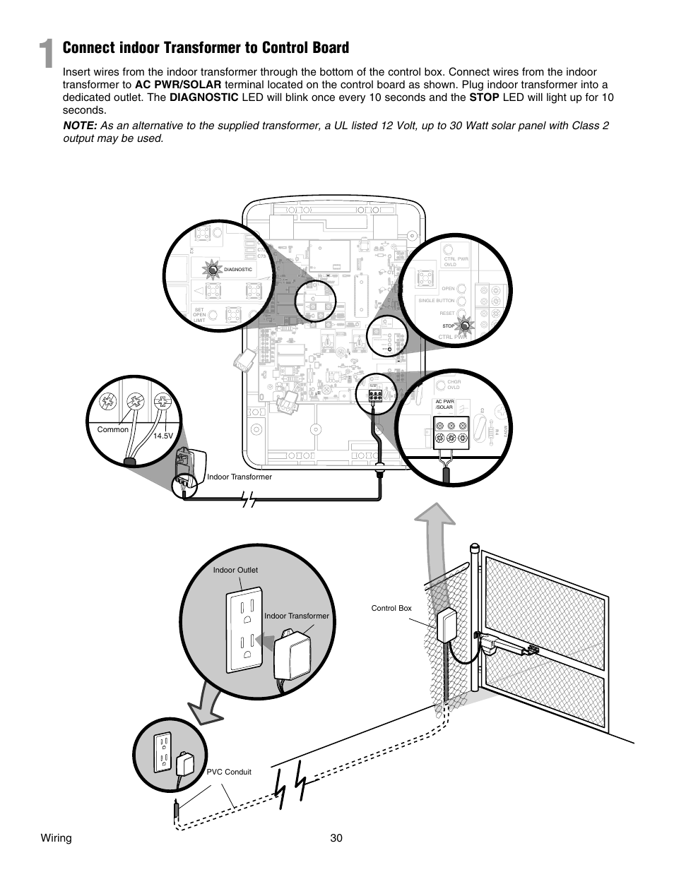 1 connect indoor transformer to control board, Connect indoor transformer to control board, Wiring 30 | 5v common, Ctrl pwr | Chamberlain RESIDENTIAL GATE OPERATOR GA420D User Manual | Page 30 / 48