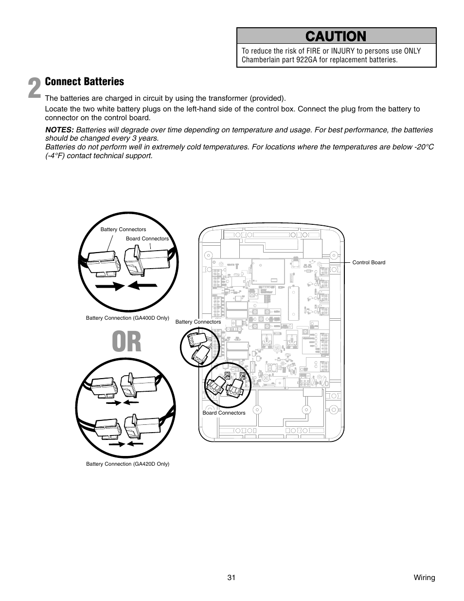 2 connect batteries, Connect batteries, 31 wiring | Chamberlain RESIDENTIAL GATE OPERATOR GA420D User Manual | Page 31 / 48