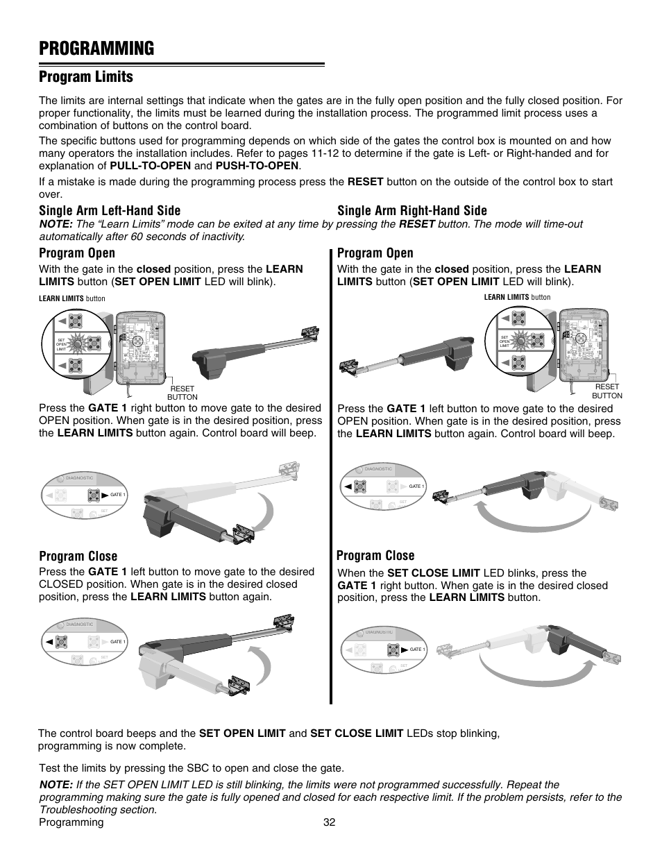 Programming, Program limits, Program open program close | Chamberlain RESIDENTIAL GATE OPERATOR GA420D User Manual | Page 32 / 48