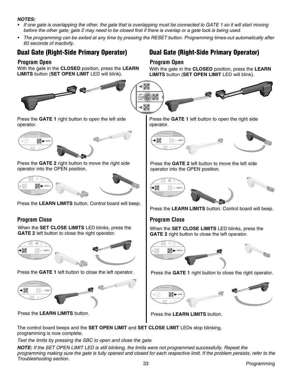 Dual gate (right-side primary operator), Program open, Program close | Chamberlain RESIDENTIAL GATE OPERATOR GA420D User Manual | Page 33 / 48