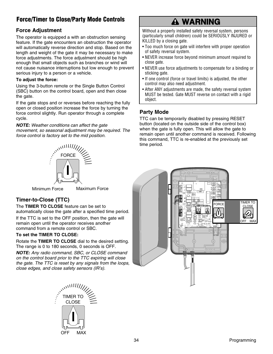 Force/timer to close/party mode controls | Chamberlain RESIDENTIAL GATE OPERATOR GA420D User Manual | Page 34 / 48