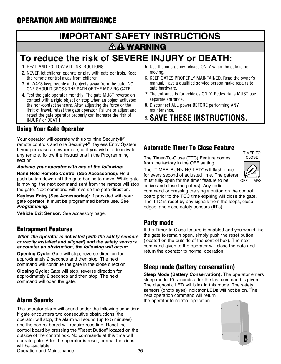 Operation and maintenance, Using your gate operator, Important safety instructions | Save these instructions | Chamberlain RESIDENTIAL GATE OPERATOR GA420D User Manual | Page 36 / 48