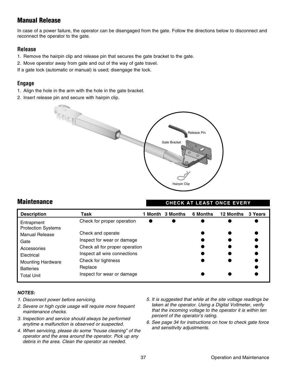 Manual release, Maintenance | Chamberlain RESIDENTIAL GATE OPERATOR GA420D User Manual | Page 37 / 48