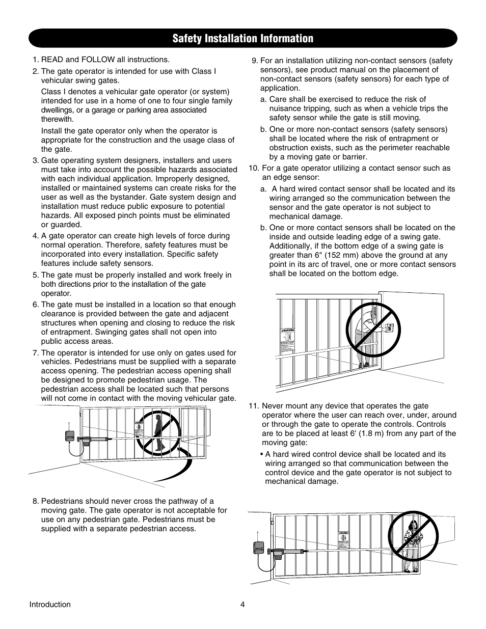 Safety installation information | Chamberlain RESIDENTIAL GATE OPERATOR GA420D User Manual | Page 4 / 48