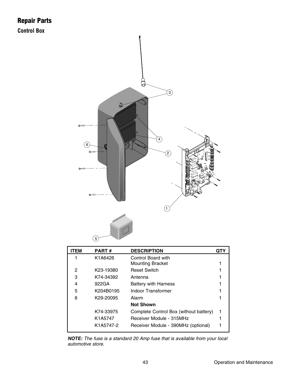 Repair parts, Control box | Chamberlain RESIDENTIAL GATE OPERATOR GA420D User Manual | Page 43 / 48