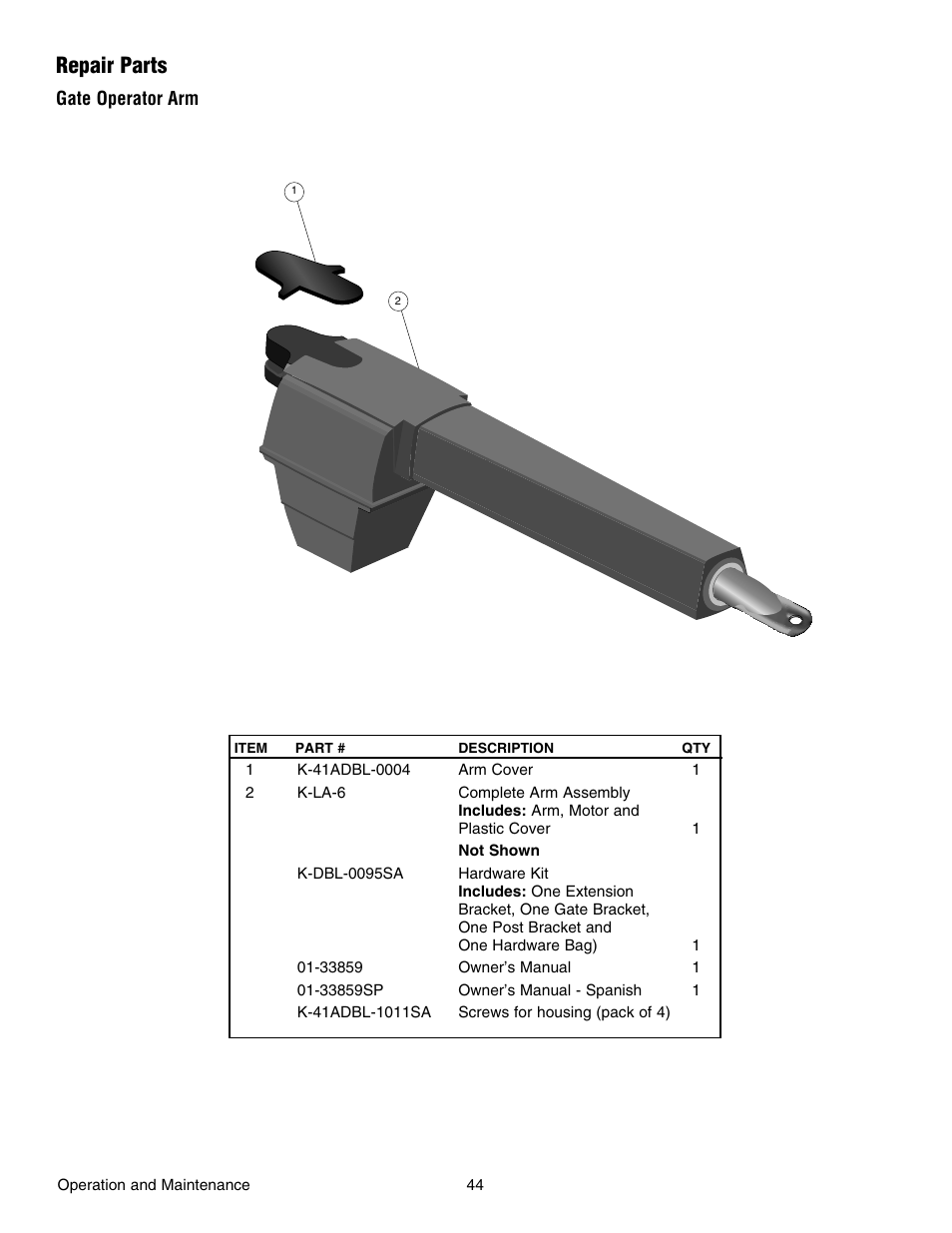 Gate operator arm, Repair parts | Chamberlain RESIDENTIAL GATE OPERATOR GA420D User Manual | Page 44 / 48