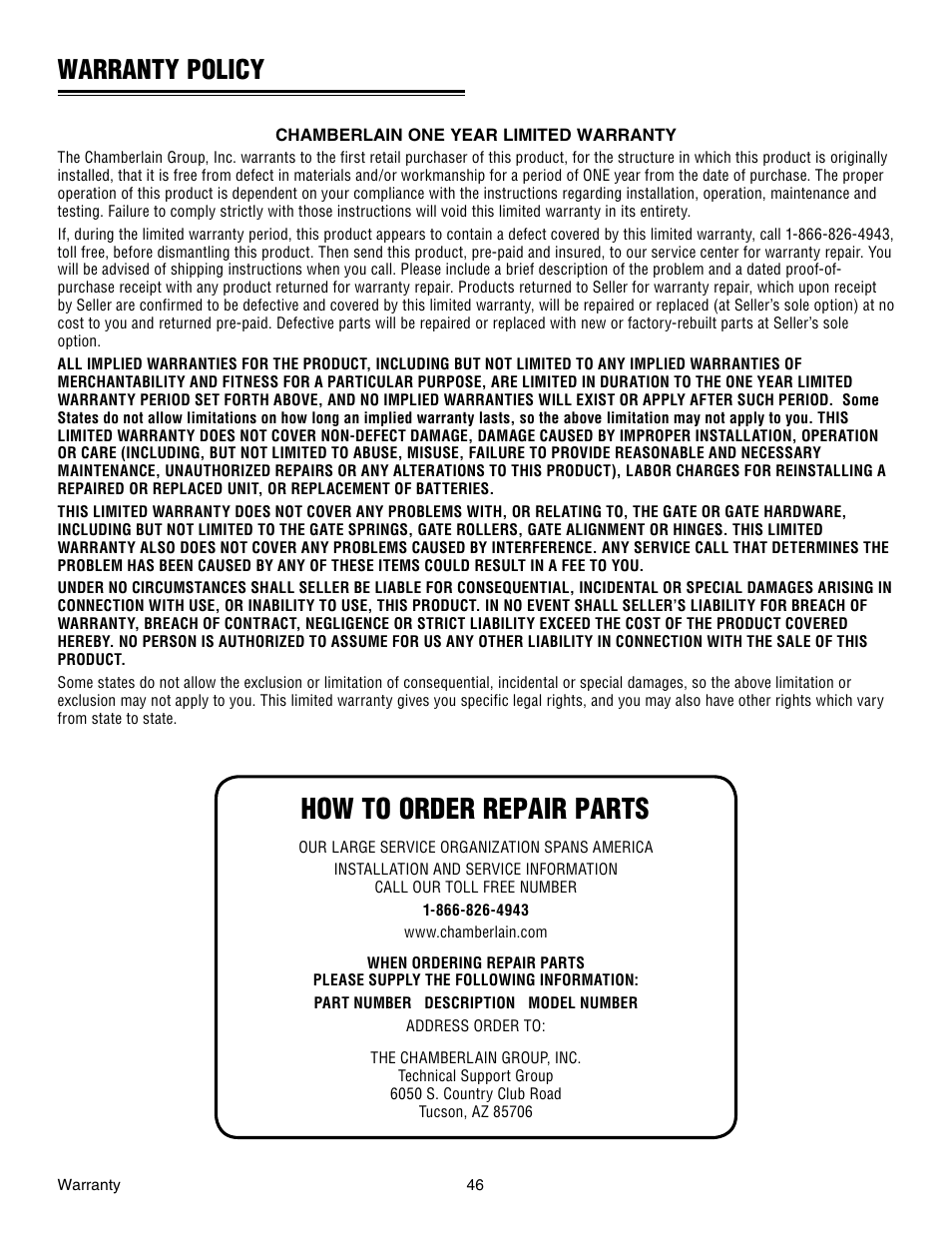 Warranty policy, How to order repair parts | Chamberlain RESIDENTIAL GATE OPERATOR GA420D User Manual | Page 46 / 48