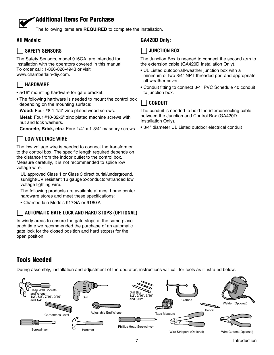 Additional items for purchase, Tools needed, All models | Ga420d only | Chamberlain RESIDENTIAL GATE OPERATOR GA420D User Manual | Page 7 / 48