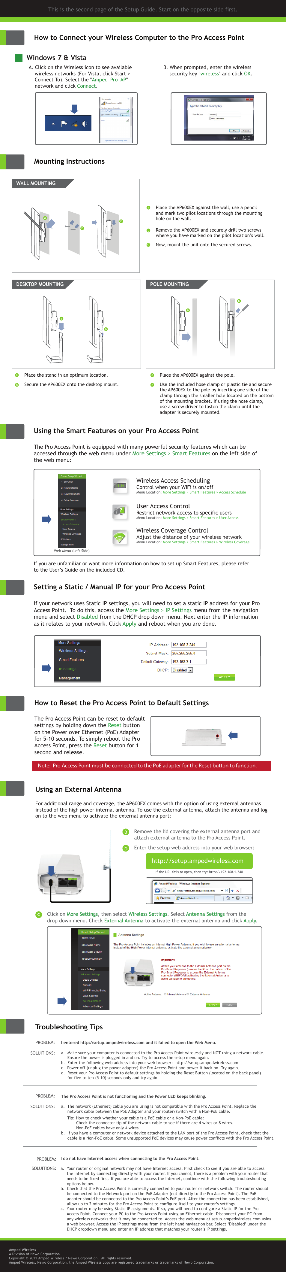 Windows 7 & vista troubleshooting tips, Using an external antenna, Mounting instructions | Using the smart features on your pro access point, Wireless access scheduling, User access control, Wireless coverage control | Amped Wireless AP600EX - High Power Wireless-N 600mW Pro Access Point User Manual | Page 2 / 2