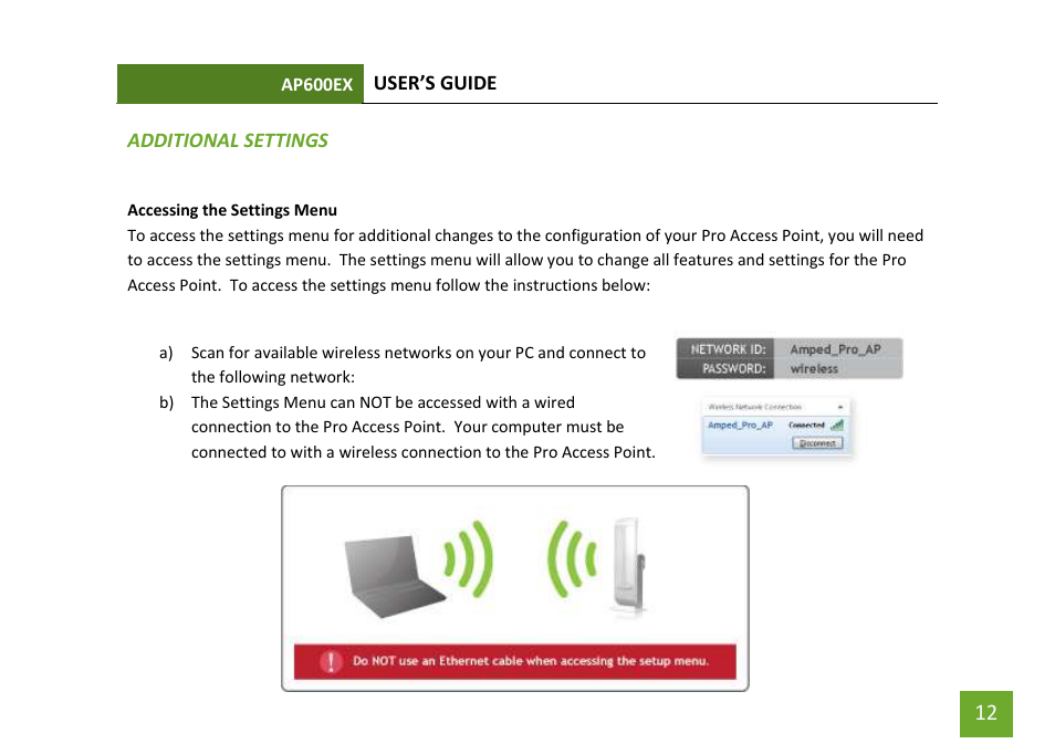 Additional settings accessing the settings menu | Amped Wireless AP600EX - High Power Wireless-N 600mW Pro Access Point User Manual | Page 13 / 55