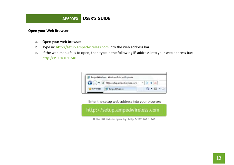 Open your web browser | Amped Wireless AP600EX - High Power Wireless-N 600mW Pro Access Point User Manual | Page 14 / 55