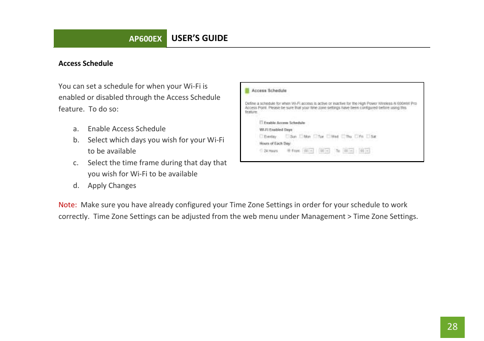 Access schedule user access control | Amped Wireless AP600EX - High Power Wireless-N 600mW Pro Access Point User Manual | Page 29 / 55