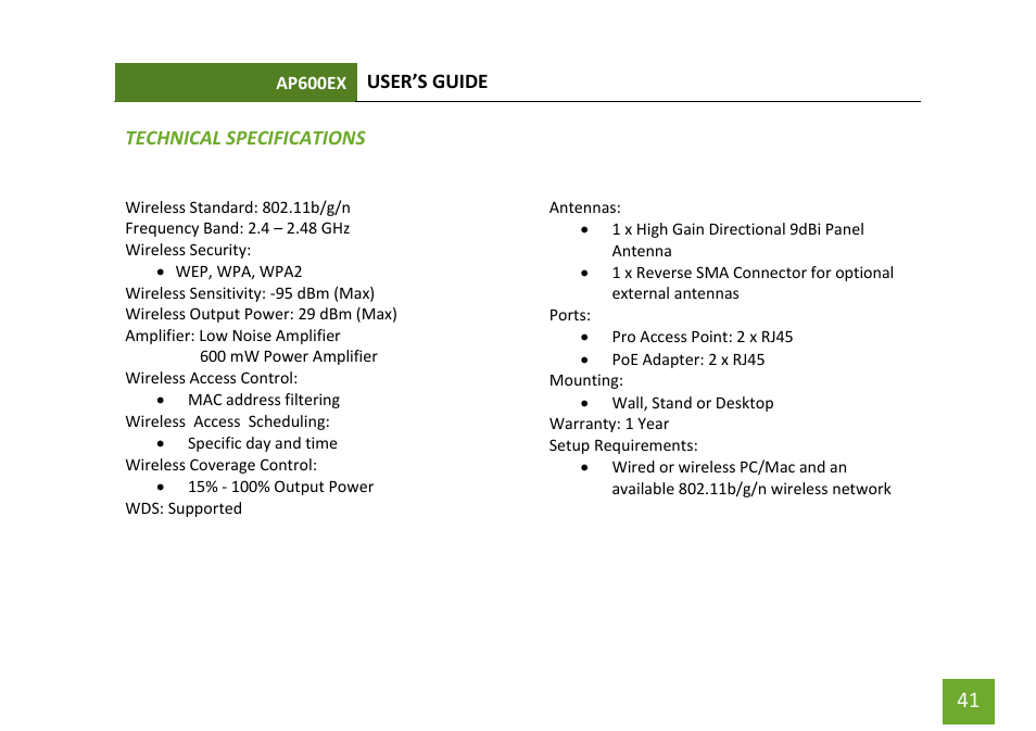 Technical specifications | Amped Wireless AP600EX - High Power Wireless-N 600mW Pro Access Point User Manual | Page 42 / 55