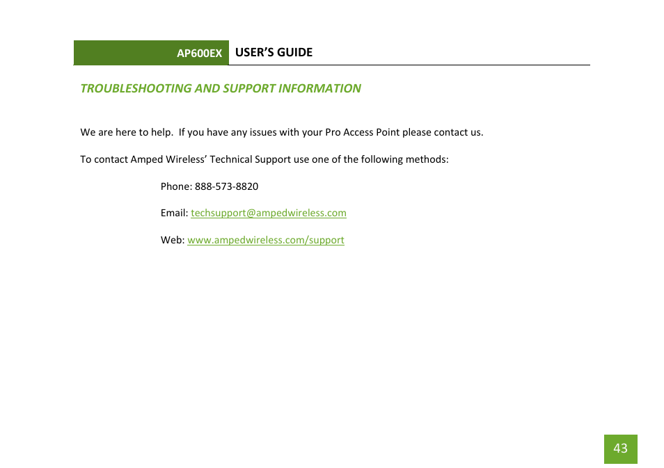 Trouble shooting | Amped Wireless AP600EX - High Power Wireless-N 600mW Pro Access Point User Manual | Page 44 / 55