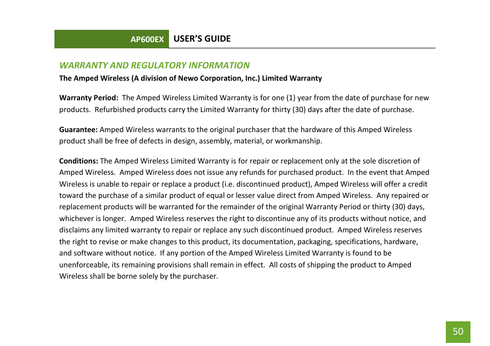 Warranty and regulatory information | Amped Wireless AP600EX - High Power Wireless-N 600mW Pro Access Point User Manual | Page 51 / 55