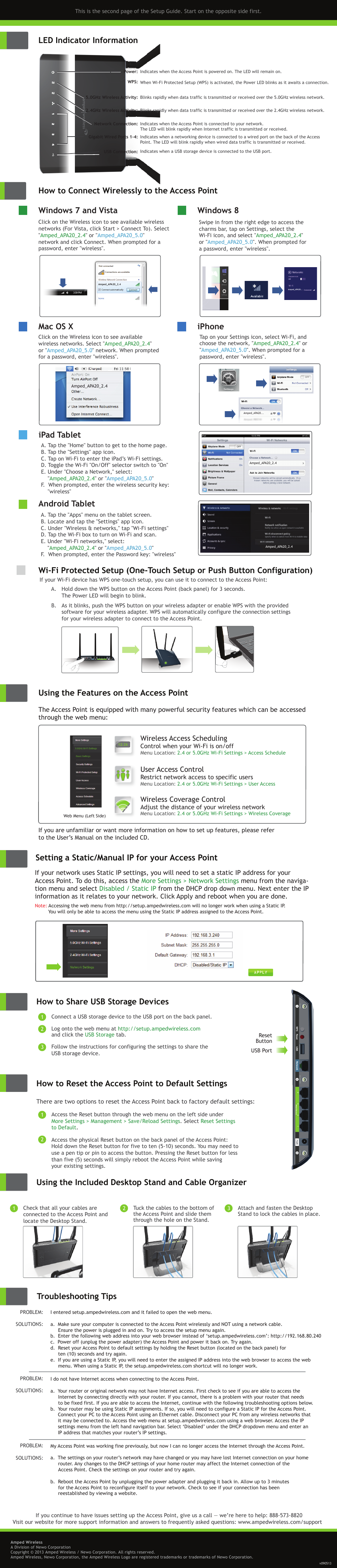 Troubleshooting tips, How to reset the access point to default settings, Using the features on the access point | Ipad tablet, Android tablet, Mac os x, Iphone, Windows 8, Setting a static/manual ip for your access point, Wireless access scheduling | Amped Wireless APA20 - High Power 700mW Dual Band AC Wi-Fi Access Point User Manual | Page 2 / 2
