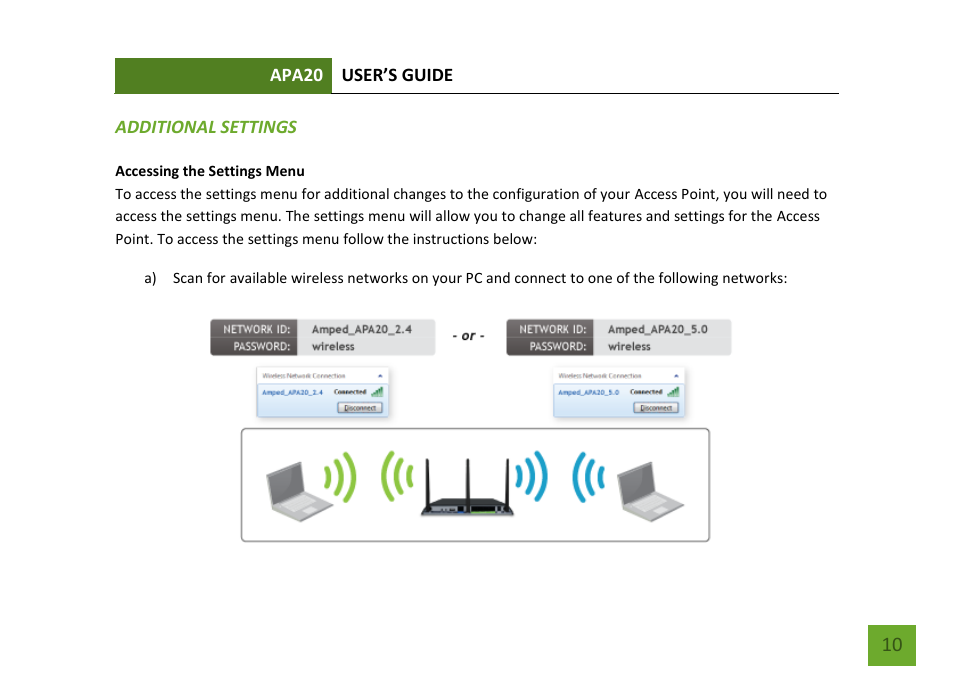 Additional settings accessing the settings menu | Amped Wireless APA20 - High Power 700mW Dual Band AC Wi-Fi Access Point User Manual | Page 11 / 68