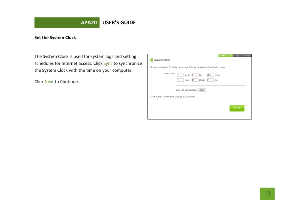 Set the system clock | Amped Wireless APA20 - High Power 700mW Dual Band AC Wi-Fi Access Point User Manual | Page 14 / 68
