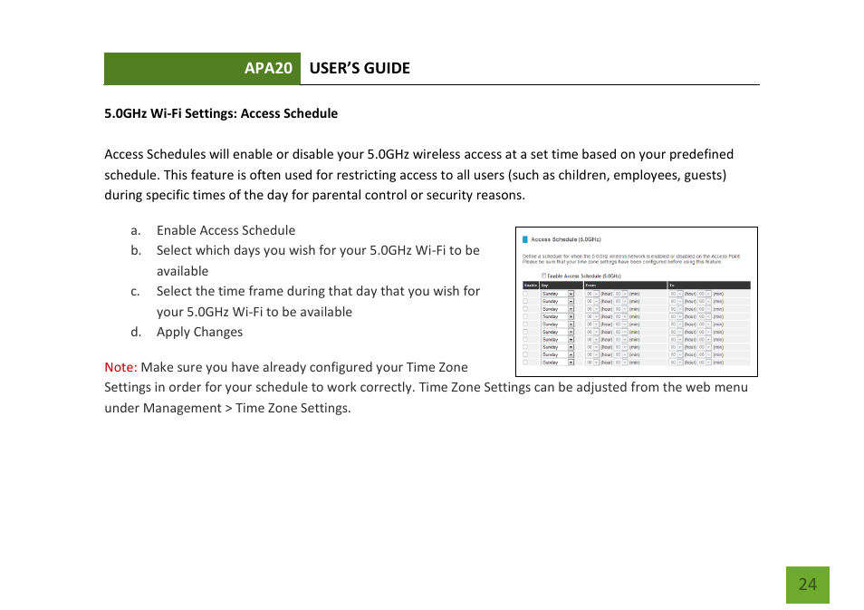 Access schedule | Amped Wireless APA20 - High Power 700mW Dual Band AC Wi-Fi Access Point User Manual | Page 25 / 68