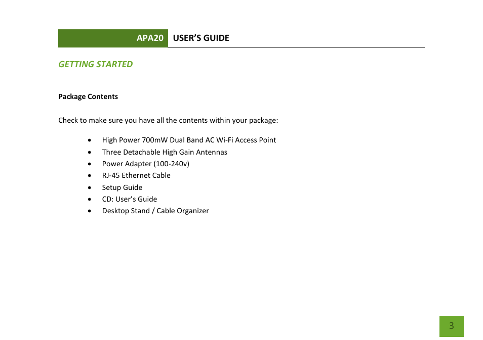 Getting started package contents | Amped Wireless APA20 - High Power 700mW Dual Band AC Wi-Fi Access Point User Manual | Page 4 / 68