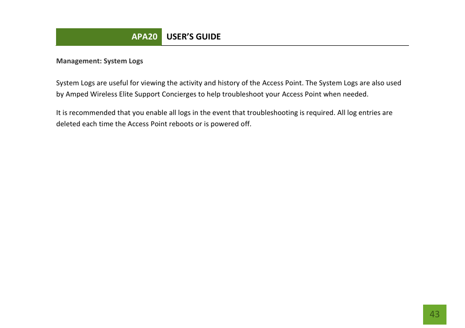 System logs | Amped Wireless APA20 - High Power 700mW Dual Band AC Wi-Fi Access Point User Manual | Page 44 / 68