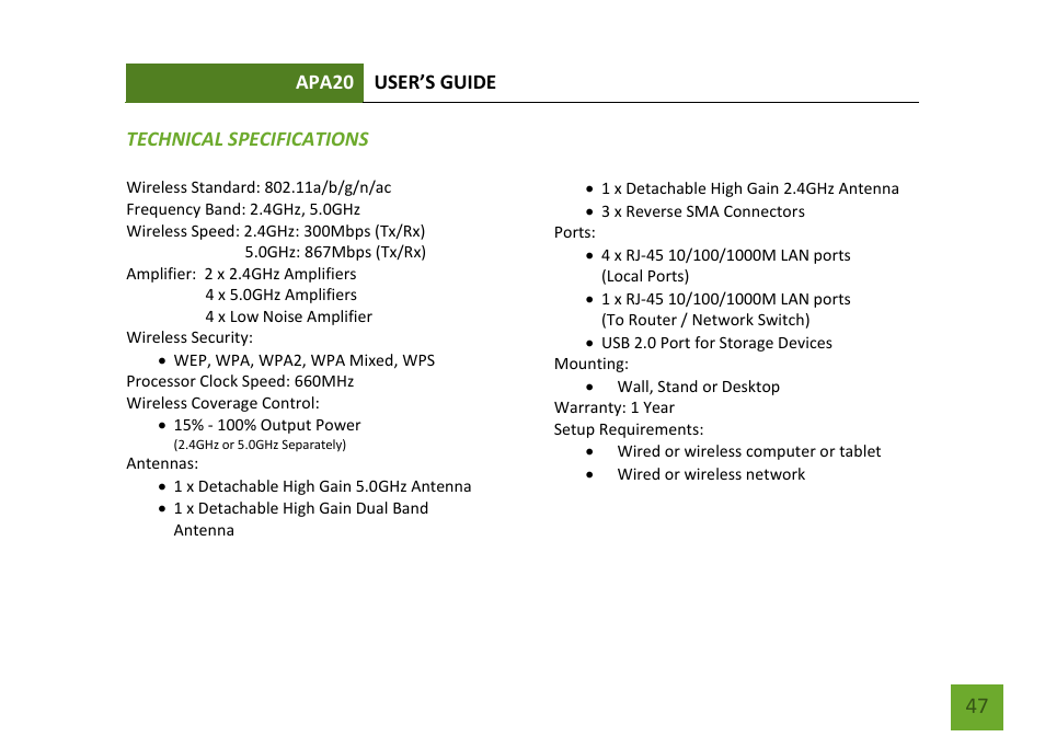 Technical specifications | Amped Wireless APA20 - High Power 700mW Dual Band AC Wi-Fi Access Point User Manual | Page 48 / 68