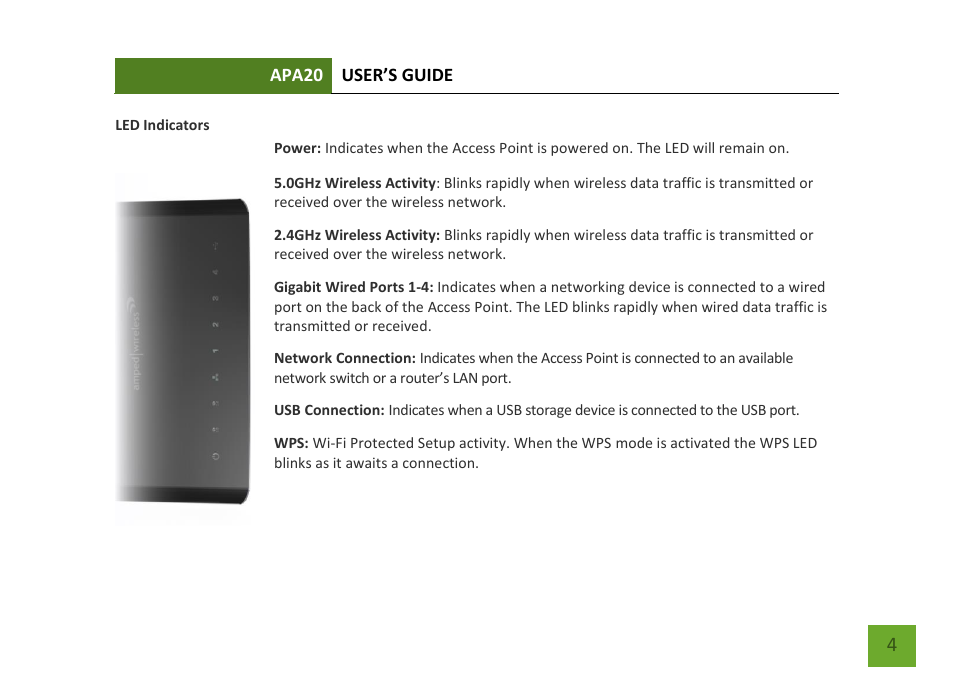 Led indicators | Amped Wireless APA20 - High Power 700mW Dual Band AC Wi-Fi Access Point User Manual | Page 5 / 68