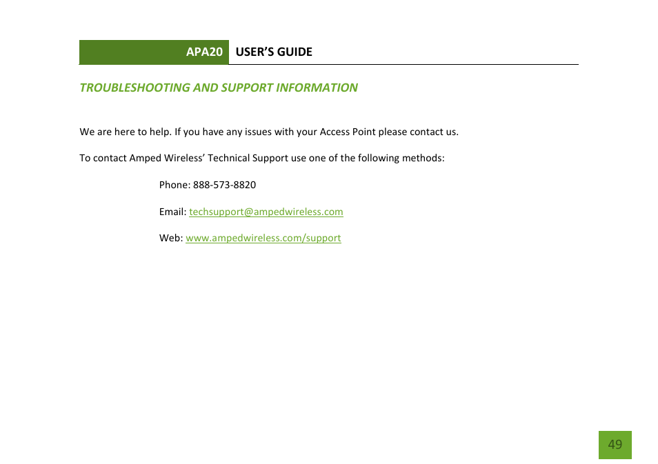 Troubleshooting and support information | Amped Wireless APA20 - High Power 700mW Dual Band AC Wi-Fi Access Point User Manual | Page 50 / 68