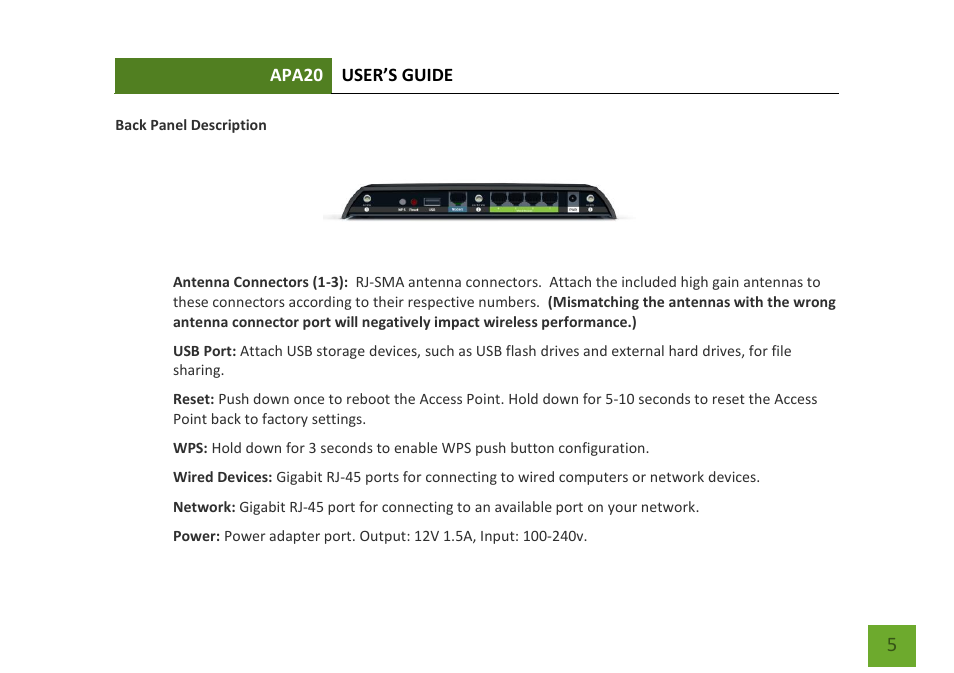 Back panel description | Amped Wireless APA20 - High Power 700mW Dual Band AC Wi-Fi Access Point User Manual | Page 6 / 68