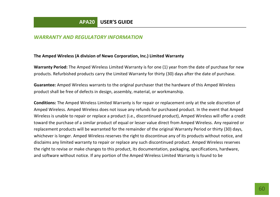 Warranty and regulatory information | Amped Wireless APA20 - High Power 700mW Dual Band AC Wi-Fi Access Point User Manual | Page 61 / 68