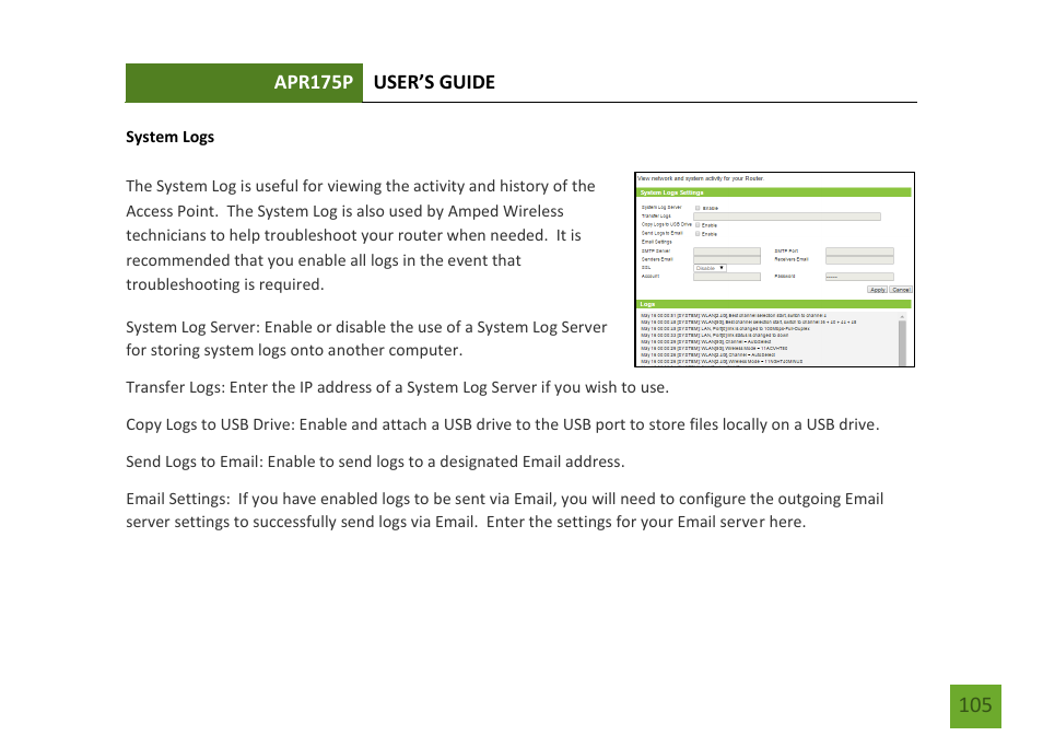 System logs | Amped Wireless APR175P - ProSeries High Power AC1750 Wi-Fi Access Point / Router User Manual | Page 106 / 186