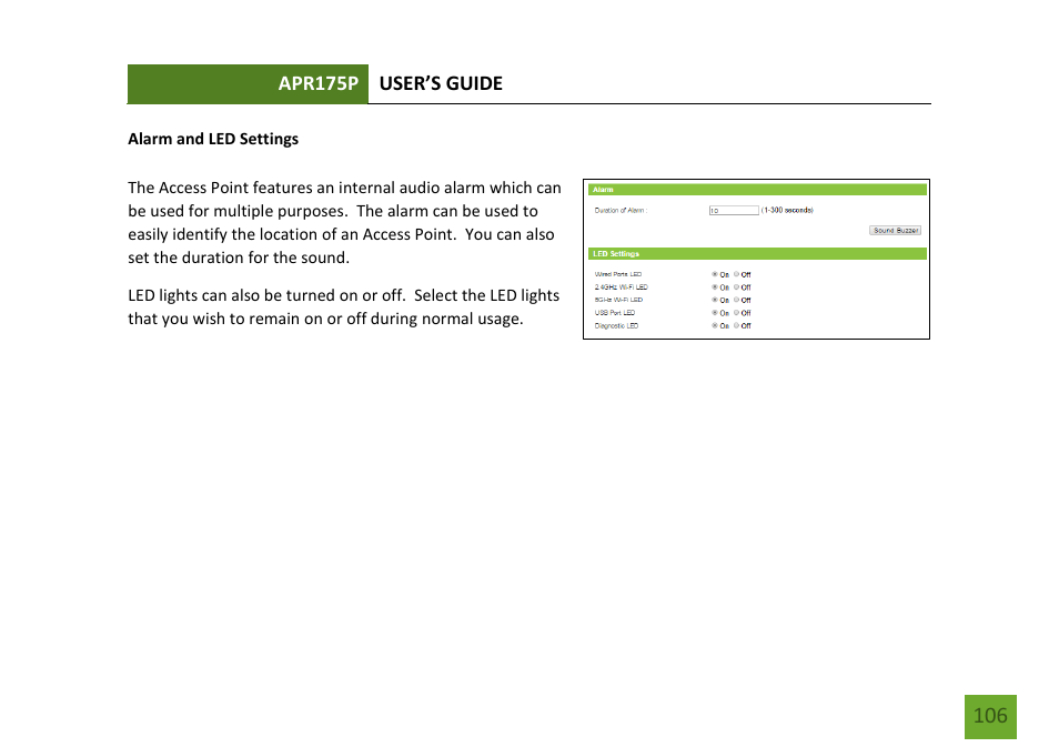 Alarm and led settings | Amped Wireless APR175P - ProSeries High Power AC1750 Wi-Fi Access Point / Router User Manual | Page 107 / 186
