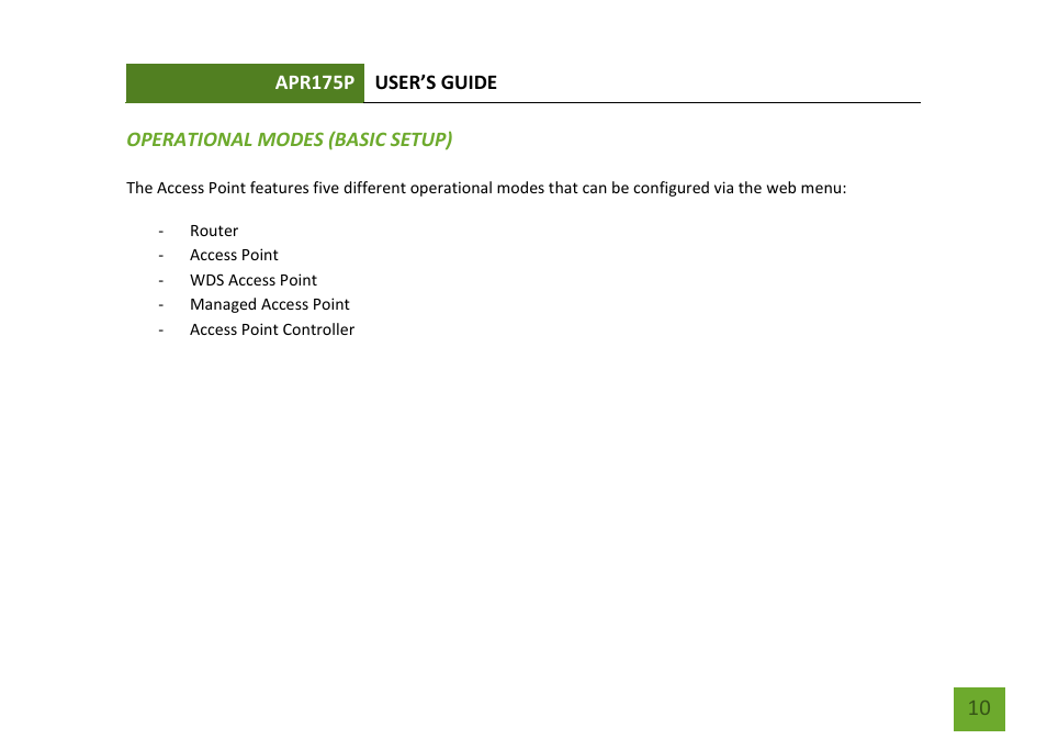 Operational modes (basic setup) | Amped Wireless APR175P - ProSeries High Power AC1750 Wi-Fi Access Point / Router User Manual | Page 11 / 186