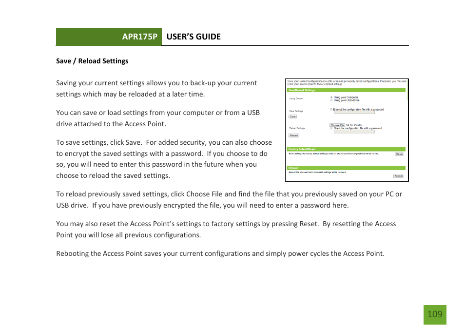 Save / reload settings | Amped Wireless APR175P - ProSeries High Power AC1750 Wi-Fi Access Point / Router User Manual | Page 110 / 186