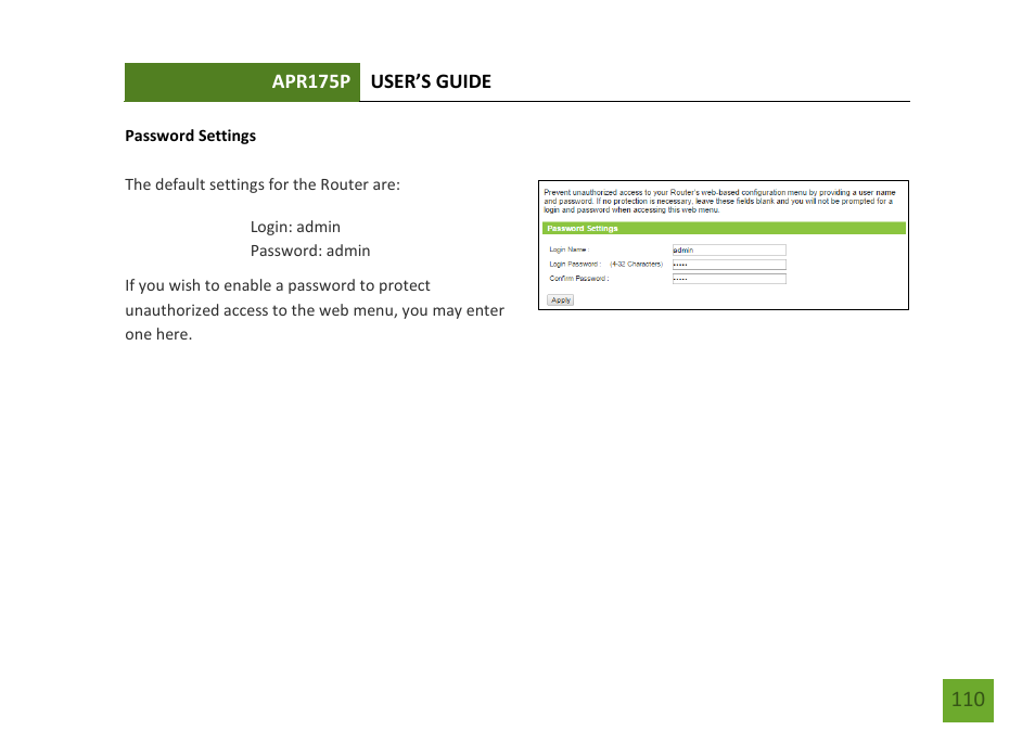 Password settings | Amped Wireless APR175P - ProSeries High Power AC1750 Wi-Fi Access Point / Router User Manual | Page 111 / 186