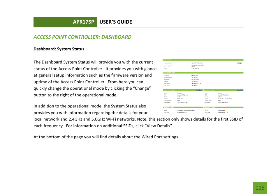 Dashboard system status | Amped Wireless APR175P - ProSeries High Power AC1750 Wi-Fi Access Point / Router User Manual | Page 116 / 186