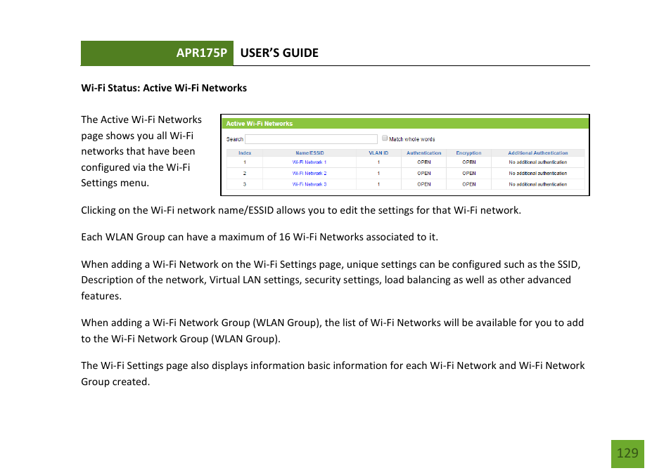 Wi-fi status: active wi-fi networks | Amped Wireless APR175P - ProSeries High Power AC1750 Wi-Fi Access Point / Router User Manual | Page 130 / 186