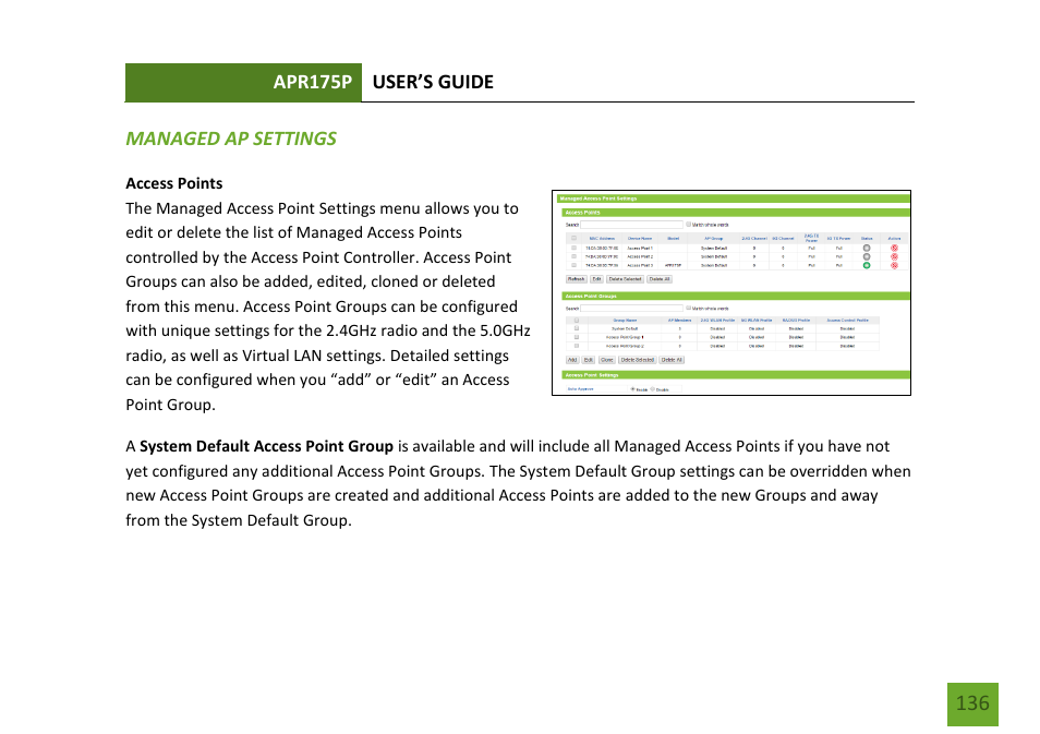 Managed ap settings access points | Amped Wireless APR175P - ProSeries High Power AC1750 Wi-Fi Access Point / Router User Manual | Page 137 / 186